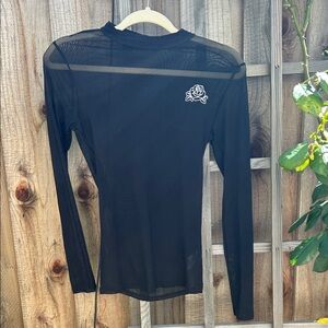 Sheer Long-Sleeve Mesh Top with Rose Detail - Black